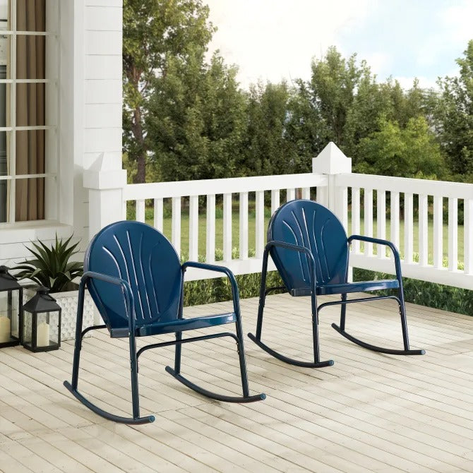 Crosley Furniture Griffith Retro Metal Outdoor Rocking Chairs, Navy Gloss