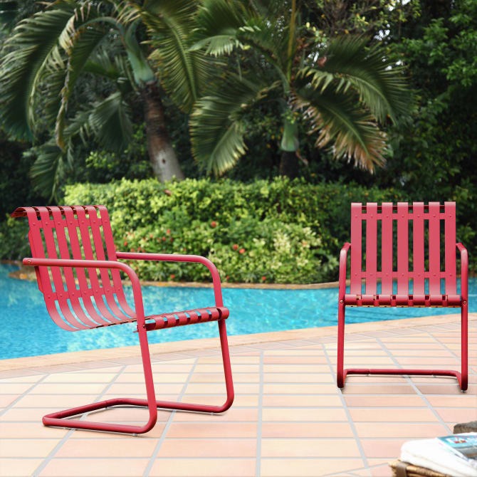 Crosley Furniture Gracie Retro Metal Outdoor Spring Chair - Coral Red (Set of 2)