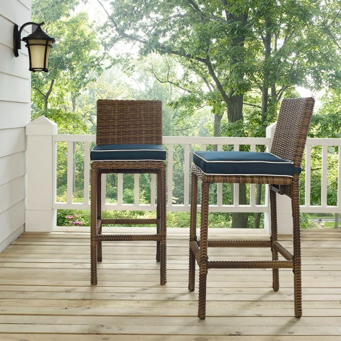 Crosley Bradenton Outdoor Wicker Bar Height Stools with Cushions - Set of 2-Weathered Brown/Navy