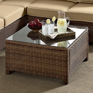 Crosley Furniture Bradenton Outdoor Wicker Square Tempered Glass Top Coffee Table, Brown