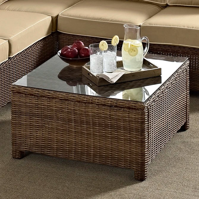 Crosley Furniture Bradenton Outdoor Wicker Square Tempered Glass Top Coffee Table, Brown