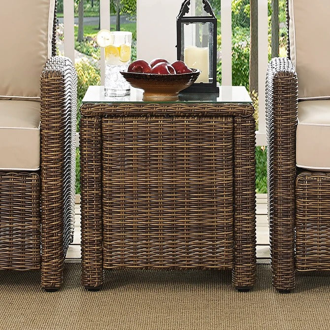 Crosley Furniture Bradenton Outdoor Wicker Tempered Glass Top Side Table, Brown
