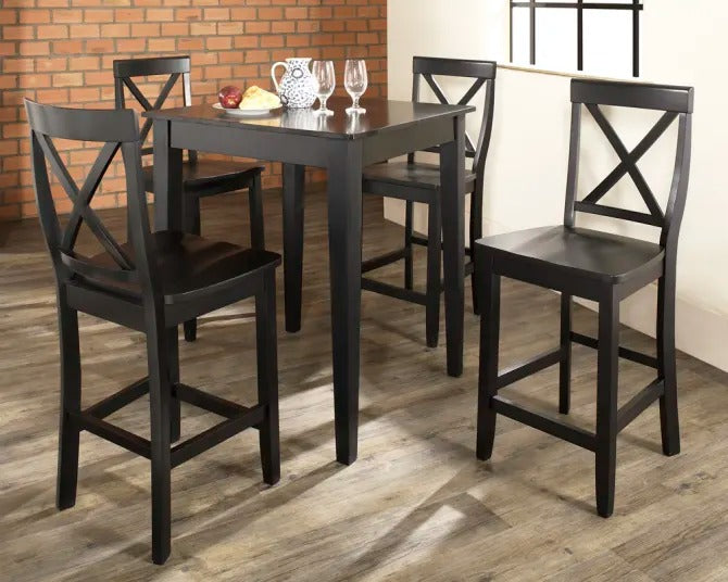 Crosley Furniture 5-Piece Pub Set with Tapered Leg Table and X-Back Stools, Black