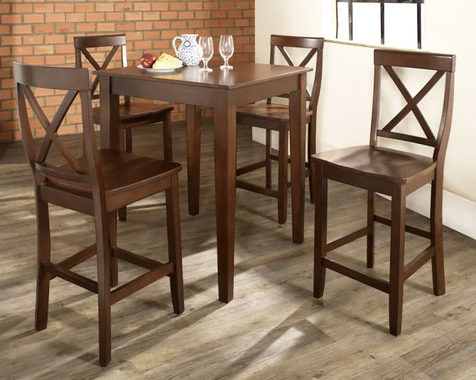 Crosley Furniture 5-Piece Pub Set with Tapered Leg Table and X-Back Stools, Vintage Mahogany