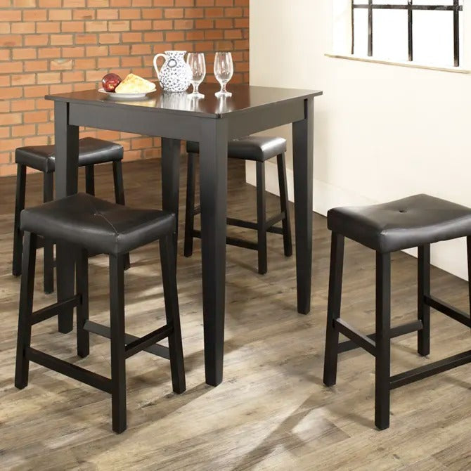 Crosley Furniture 5-Piece Pub Set with Tapered Leg Table and Upholstered Saddle Stools, Black