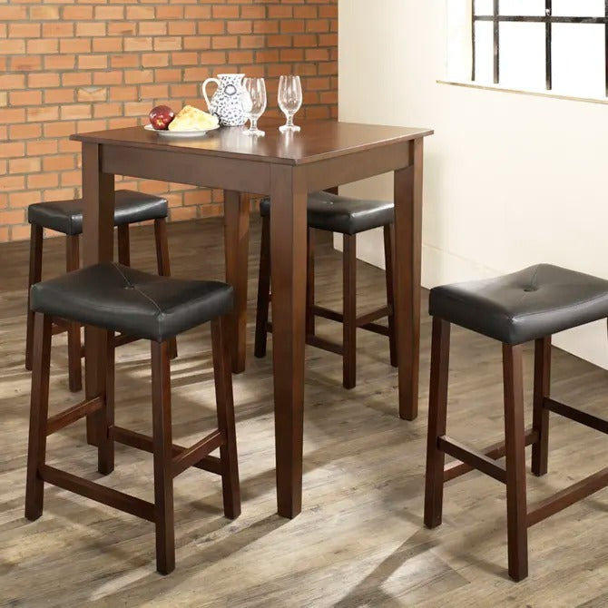 Crosley Furniture 5-Piece Pub Set with Tapered Leg Table and Upholstered Saddle Stools, Vintage Mahogany