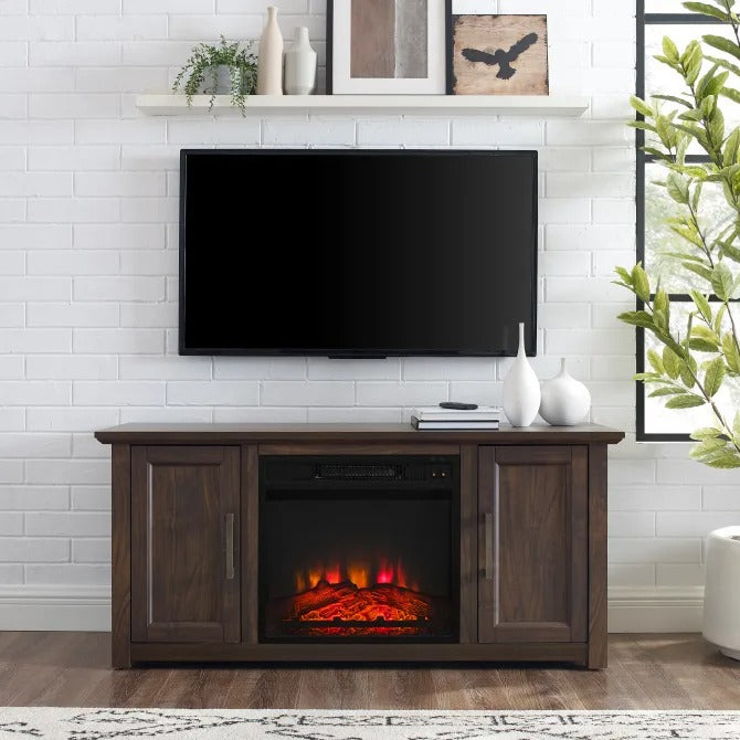 Crosley Furniture Camden 48-inch Corner TV Stand with Electric Fireplace, Dark Walnut