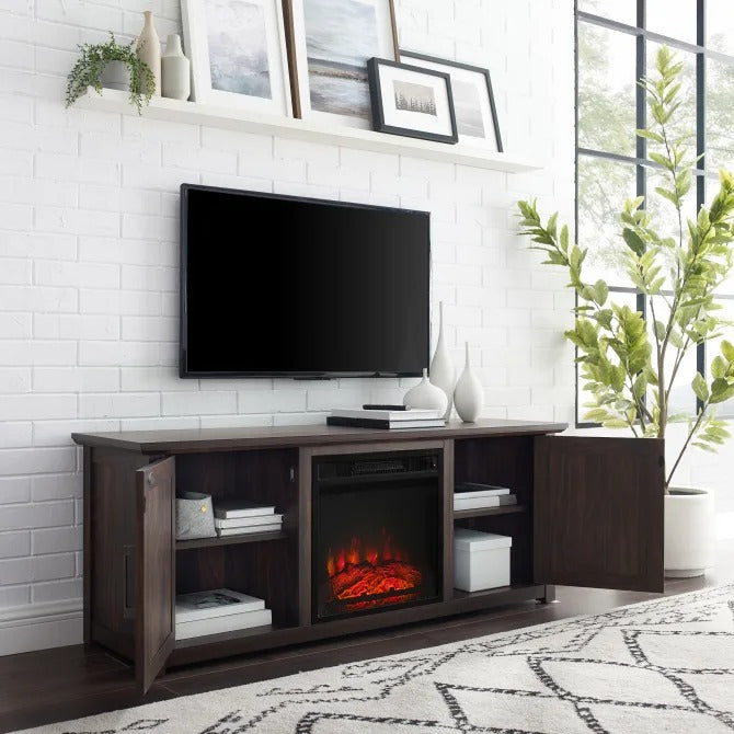 Crosley Furniture Camden 58-inch Low Profile TV Stand with Electric Fireplace, Dark Walnut