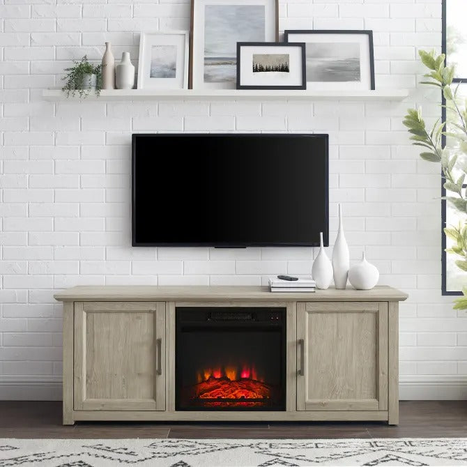 Crosley Furniture Camden 58-inch Low Profile TV Stand with Electric Fireplace, Frosted Oak