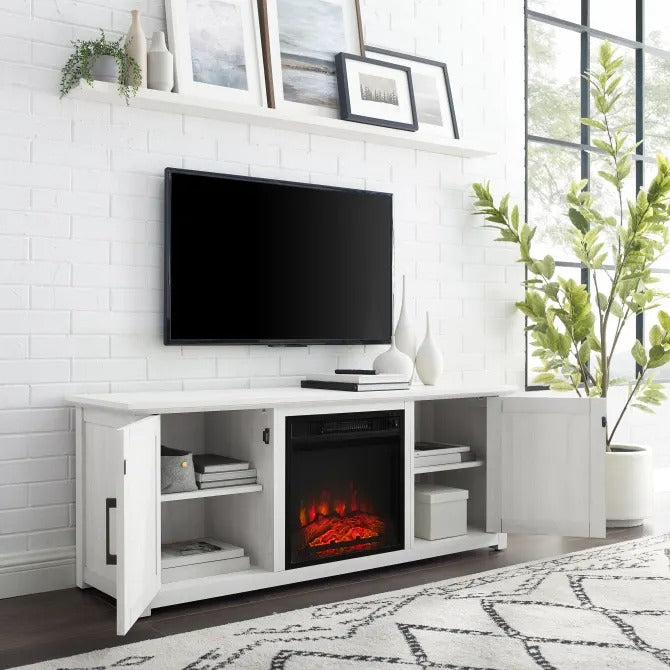Crosley Furniture Camden 58-inch Low Profile TV Stand with Electric Fireplace, Whitewash