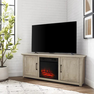 Crosley Furniture Camden 58-Inch Corner TV Stand with Electric Fireplace, Frosted Oak