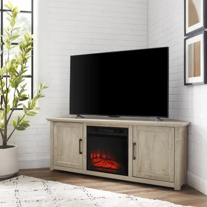Crosley Furniture Camden 58" Corner Tv Stand with Fireplace Frosted Oak