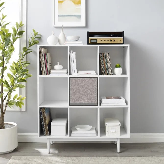 Crosley 49.5" Liam 9 Cube Record Storage Bookcase with Speaker White