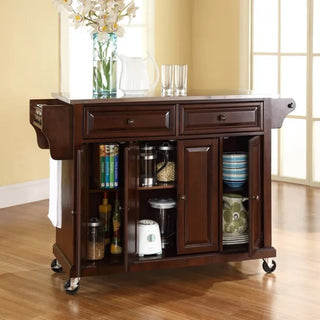 Full Size Kitchen Cart with Stainless Steel Top, Mahogany