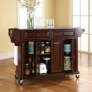 Full Size Granite Top Kitchen Cart in Mahogany