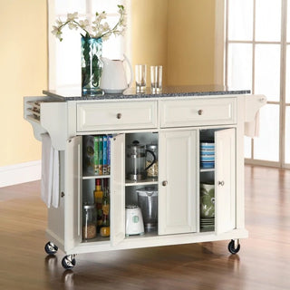Full Size Granite Top Kitchen Cart in White