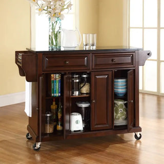Full Size Granite Top Kitchen Cart, Mahogany