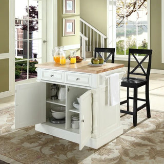 Oxford Natural Wood Top Kitchen Island with 2 Bar Stools, with X-Back, White