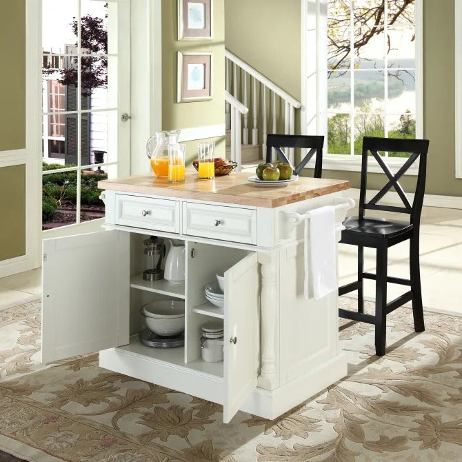 Crosley Furniture Oxford Natural Wood Top Kitchen Island with 2 Bar Stools, with X-Back, White
