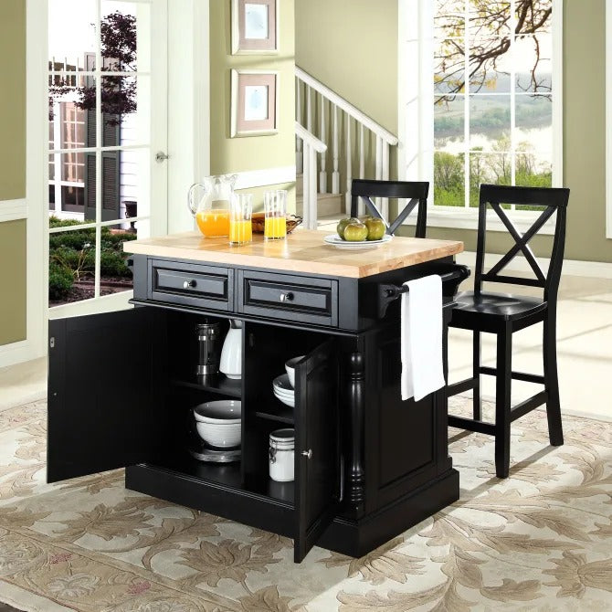 Crosley Furniture Oxford Natural Wood Top Kitchen Island with 2 Bar Stools, with X-Back, Black