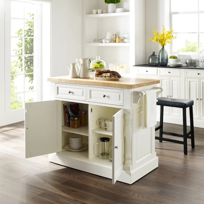 Crosley Furniture Kitchen Island with Butcher Block Top and 24-inch Upholstered Saddle Stools - White / Black
