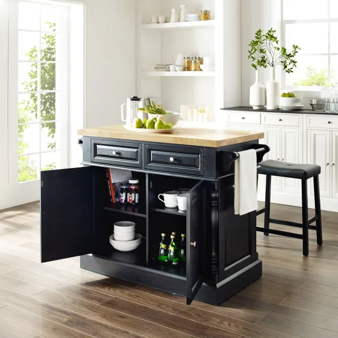 Crosley Furniture Kitchen Island with Butcher Block Top and 24-inch Upholstered Saddle Stools - Black