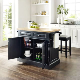 Crosley Furniture Oxford Kitchen Island with Square Seat Stools Black
