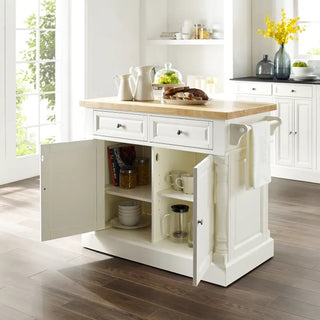 Oxford Butcher Block Top Kitchen Island In White Finish With Stools