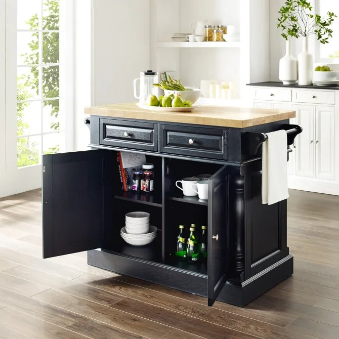 Crosley Furniture Oxford Butcher Block Top Kitchen Island In Black Finish With Stools