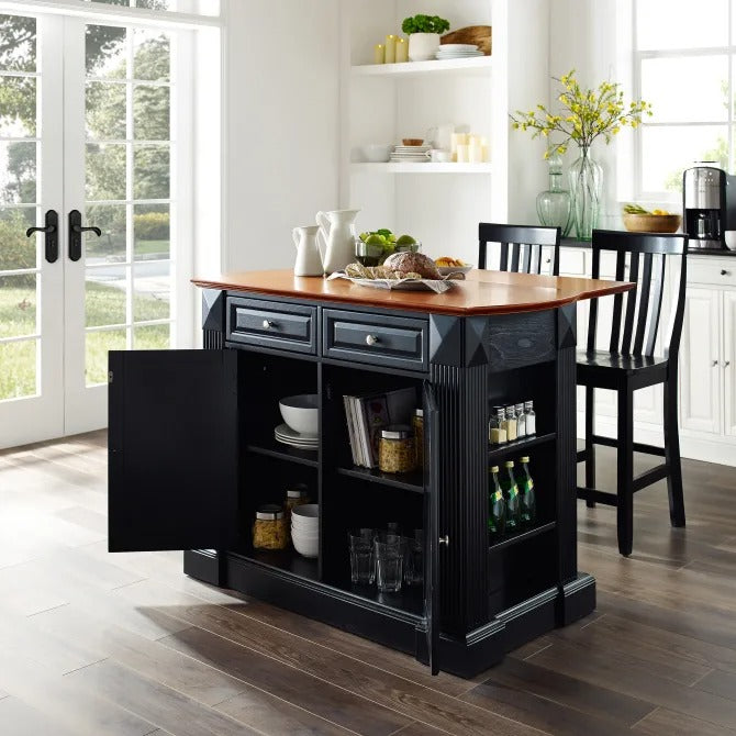 Crosley Coventry Drop Leaf Kitchen Island with School House Stools in Black