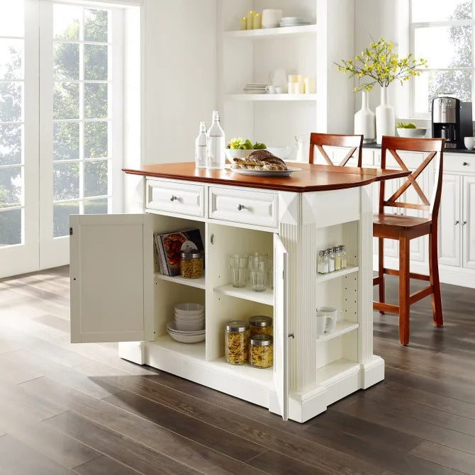 Crosley Furniture Coventry White/Cherry Drop Leaf Top Kitchen Island with X-Back Stools