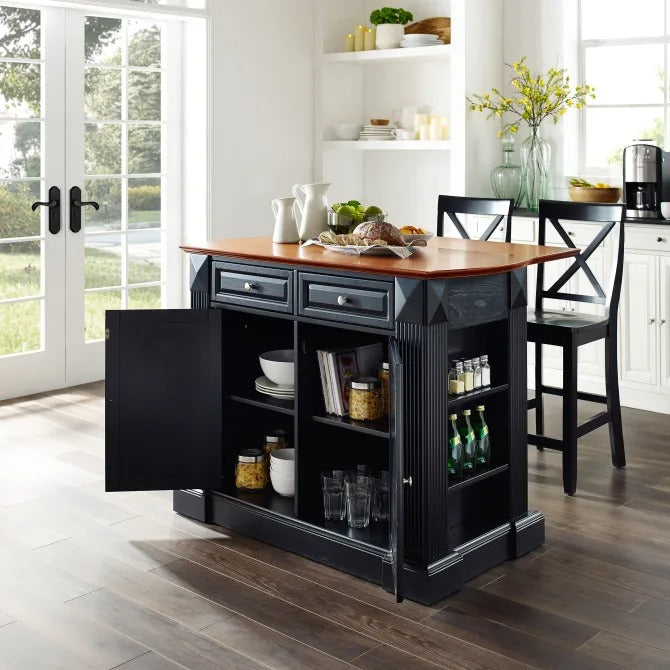 Crosley Furniture Coventry Black Drop Leaf Top Kitchen Island with X-Back Stools
