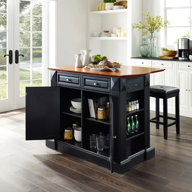 Crosley Furniture Drop Leaf Kitchen Island/Breakfast Bar with 24-inch Upholstered Square Seat Stools, Black