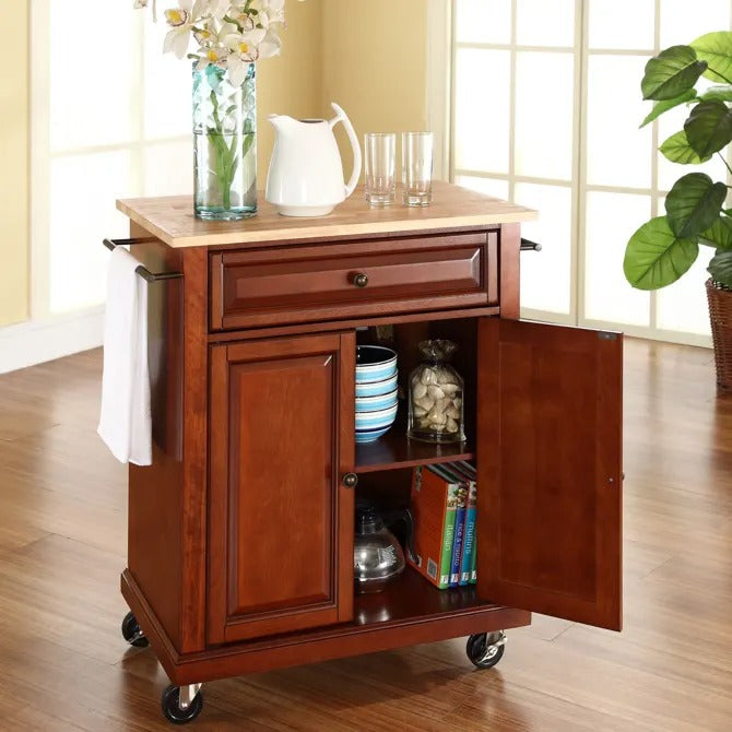 Crosley Furniture Compact Wood Top Kitchen Cart in Cherry Color