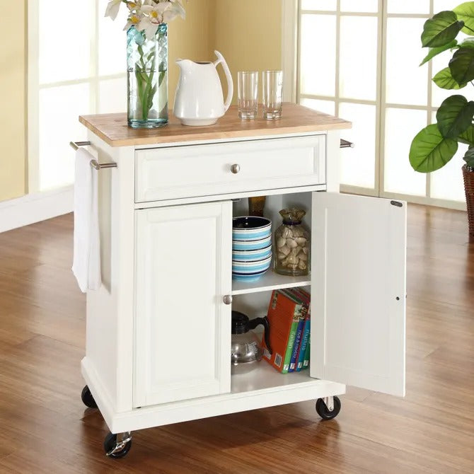 Crosley Furniture Compact Wood Top Kitchen Cart in White Color
