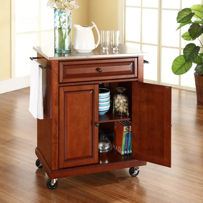 Crosley Furniture Compact Stainless Steel Top Kitchen Cart in Cherry Color