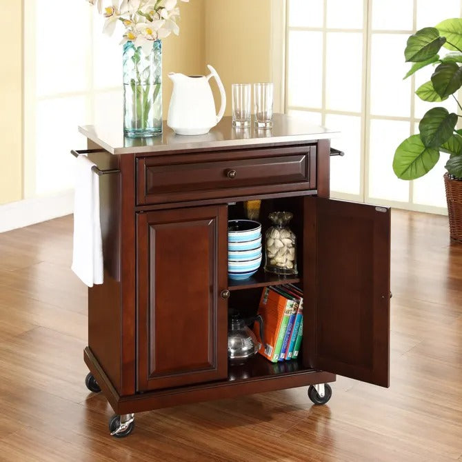 Crosley Furniture Compact Stainless Steel Top Kitchen Cart in Mahogany Color