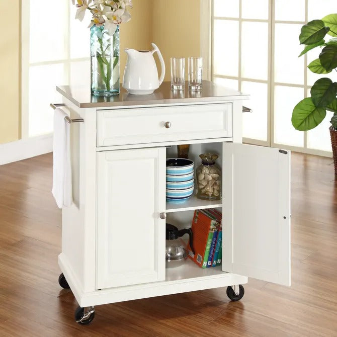 Crosley Furniture Compact Stainless Steel Top Kitchen Cart in White Color
