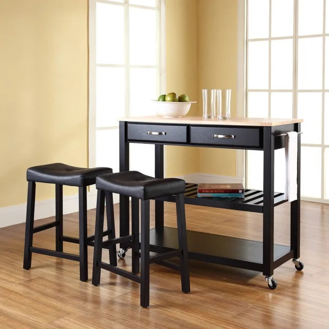 Crosley Furniture Wood Top Kitchen Prep Cart with Uph Saddle Stools in Black Color