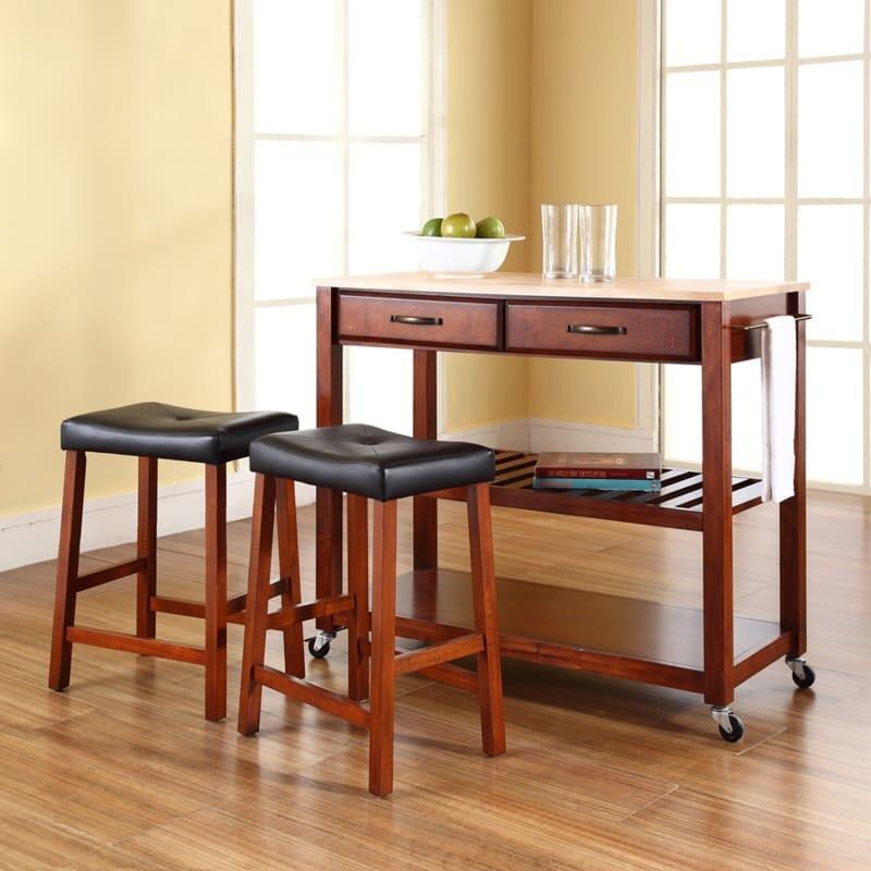 Crosley Furniture Wood Top Kitchen Prep Cart with Uph Saddle Stools in Cherry Color