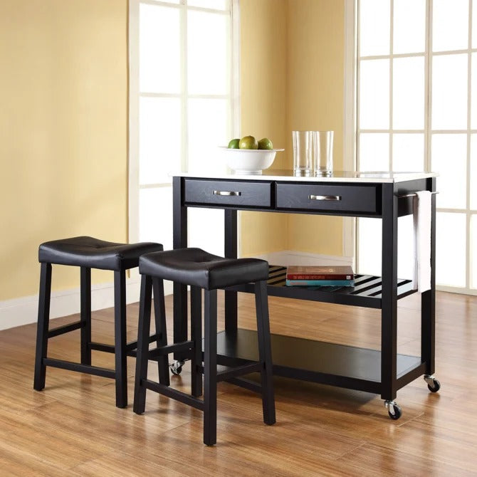 Crosley Furniture Stainless Steel Top Kitchen Prep Cart W/Uph Saddle Stools Black