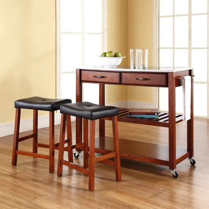 Crosley Furniture Stainless Steel Top Kitchen Prep Cart W/Uph Saddle Stools Cherry