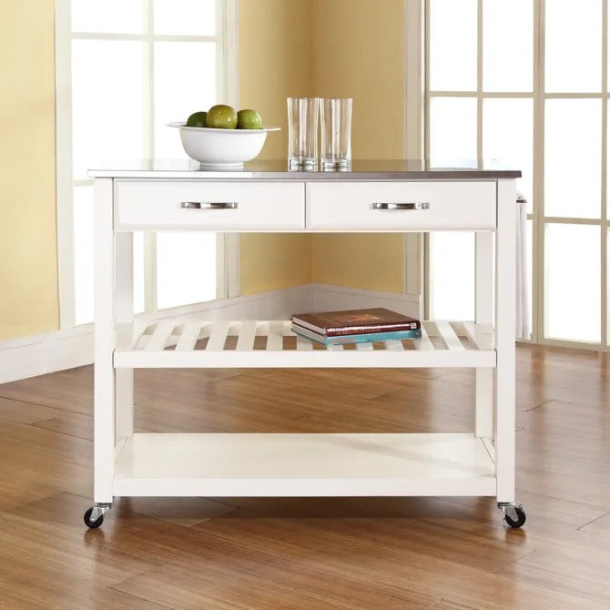 Crosley Furniture Stainless Steel Top Kitchen Prep Cart in White Color