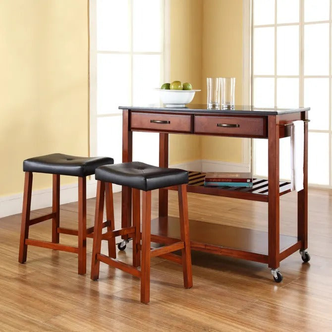 Crosley Furniture Granite Top Kitchen Cart with Uph Saddle Stools in Cherry Color