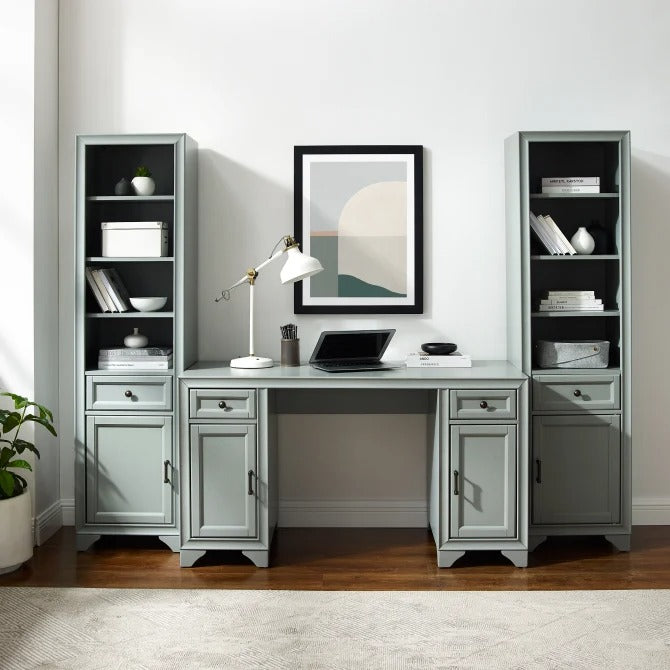 Crosley Furniture Tara 3PC Desk and Bookcase Set in Distressed Gray Color