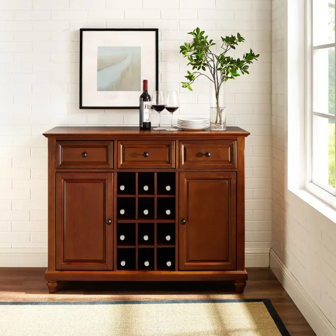Crosley Furniture Cambridge Sideboard Cabinet with Wine Storage in Cherry Color