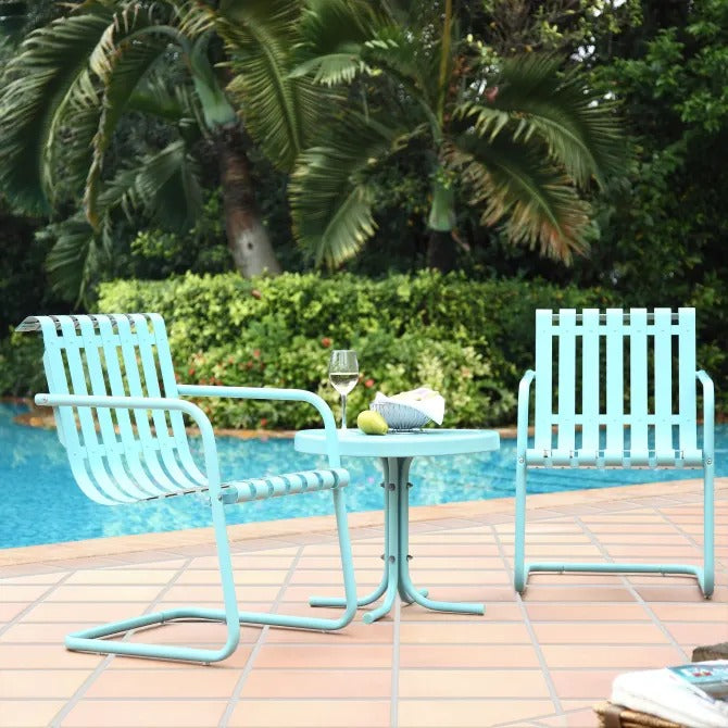 Crosley Furniture Gracie 3PC Outdoor Chat Set in Pastel Blue Satin Color