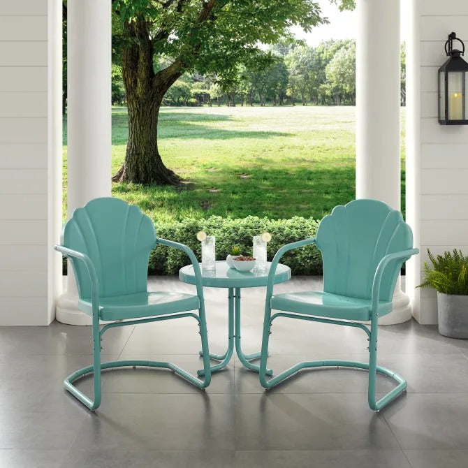 Crosley Furniture Tulip 3 PC Outdoor Chat Set in Pastel Blue Satin Color