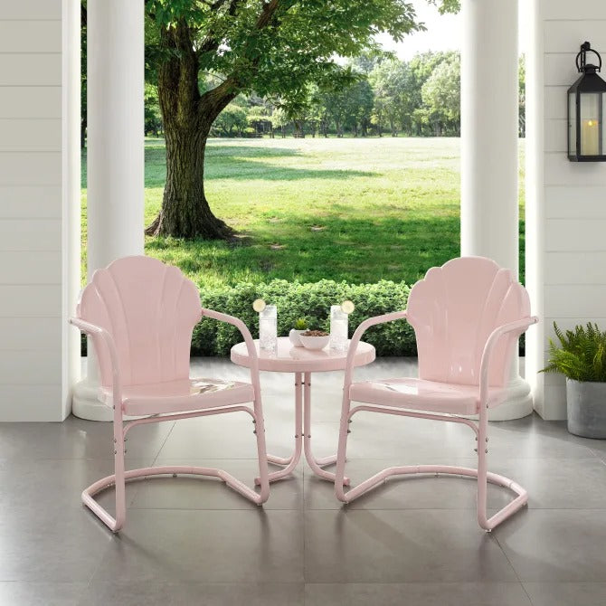 Crosley Furniture Tulip 3 PC Outdoor Chat Set in Pastel Pink Gloss Color