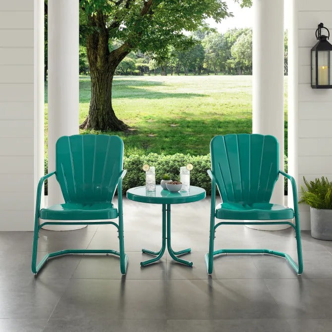 Crosley Furniture Ridgeland 3 PC Outdoor Chat Set in Turquoise Gloss Color
